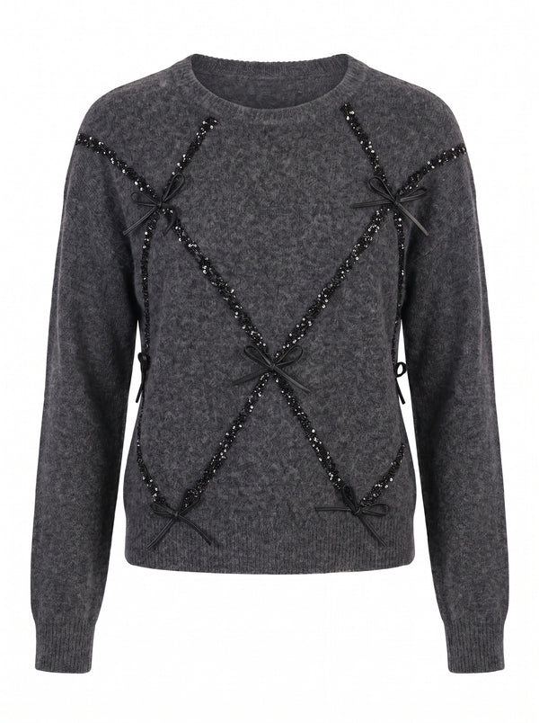 SEQUIN BOW BRUSHED KNIT SWEATER