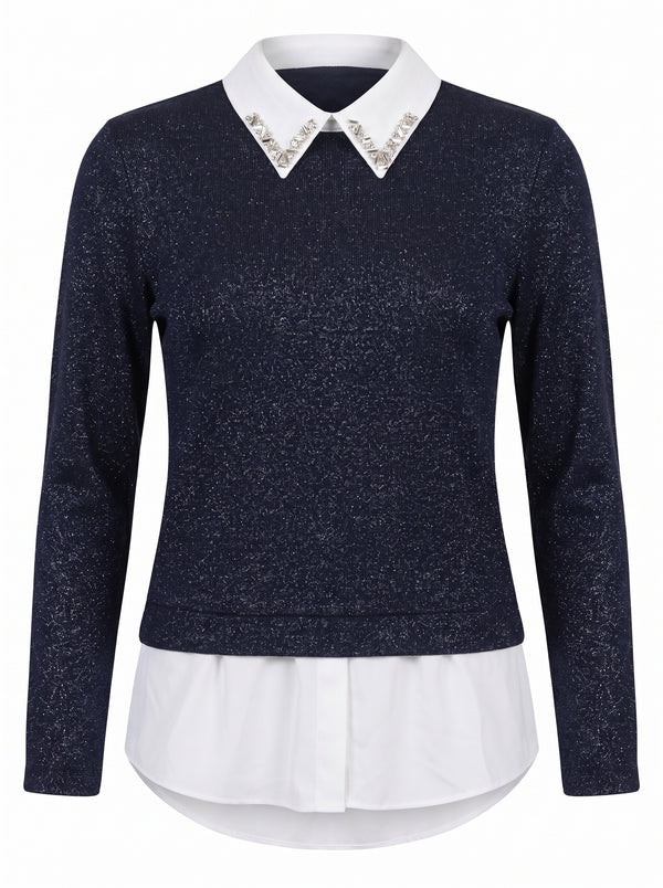 JEWELLED COLLAR SPARKLE KNIT SHIRT