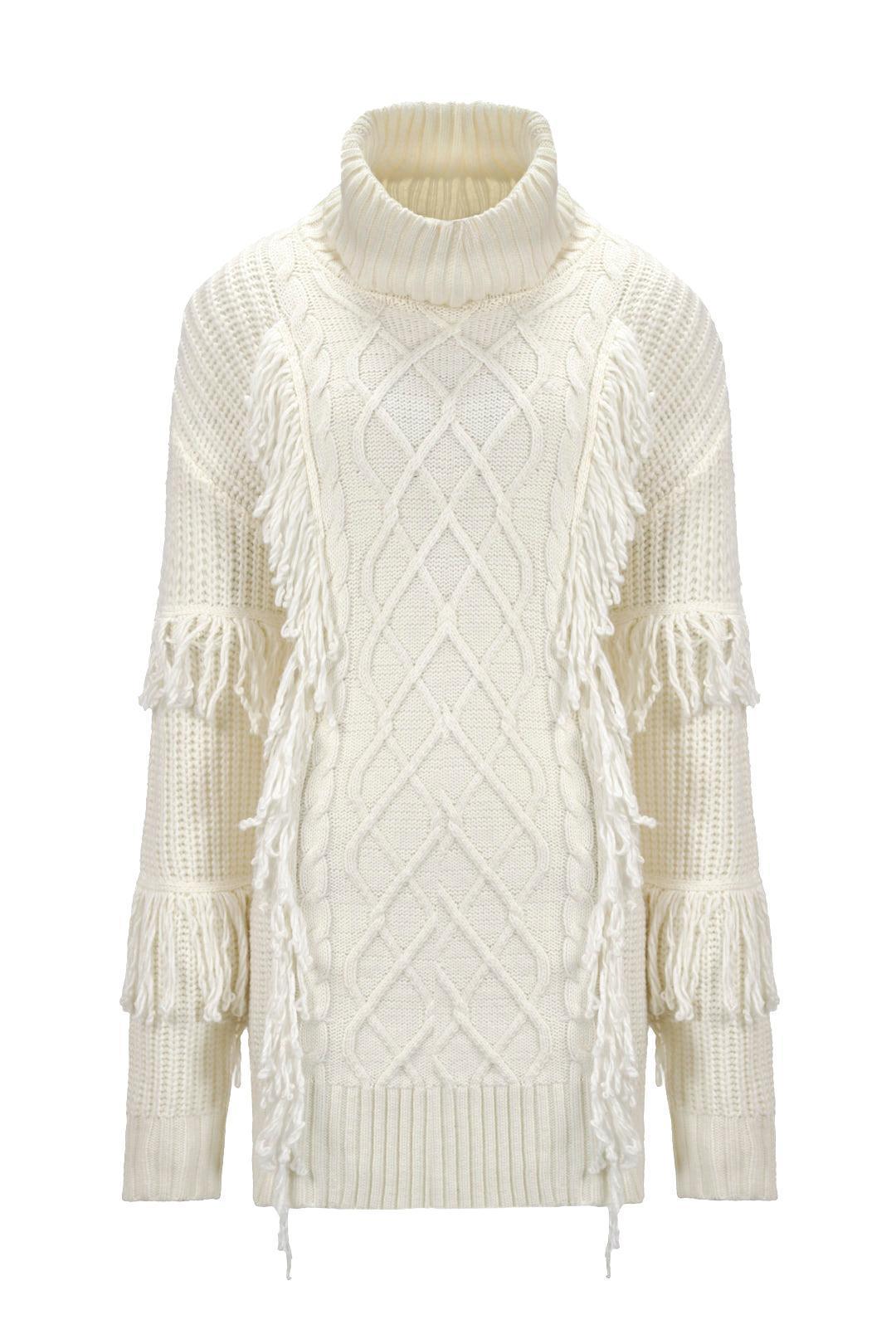 CABLE KNIT FRINGE TURTLENECK SWEATER