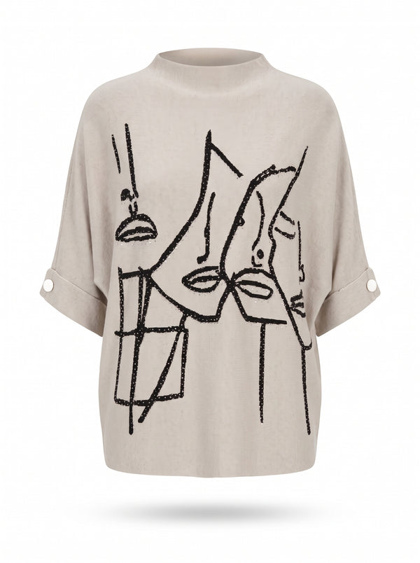 ABSTRACT FACE PRINT DOLMAN KNIT