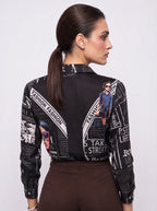 NEWSPAPER PRINT HIGH-LOW POPLIN SHIRT