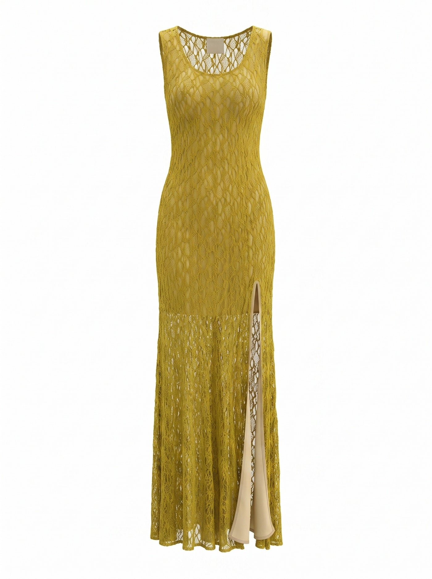 OPEN-KNIT LACE FITTED MAXI DRESS