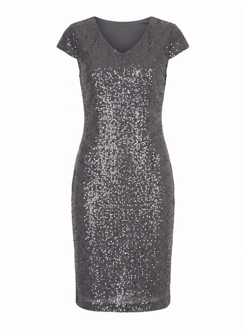 SEQUIN V-NECK CAP-SLEEVE MIDI DRESS