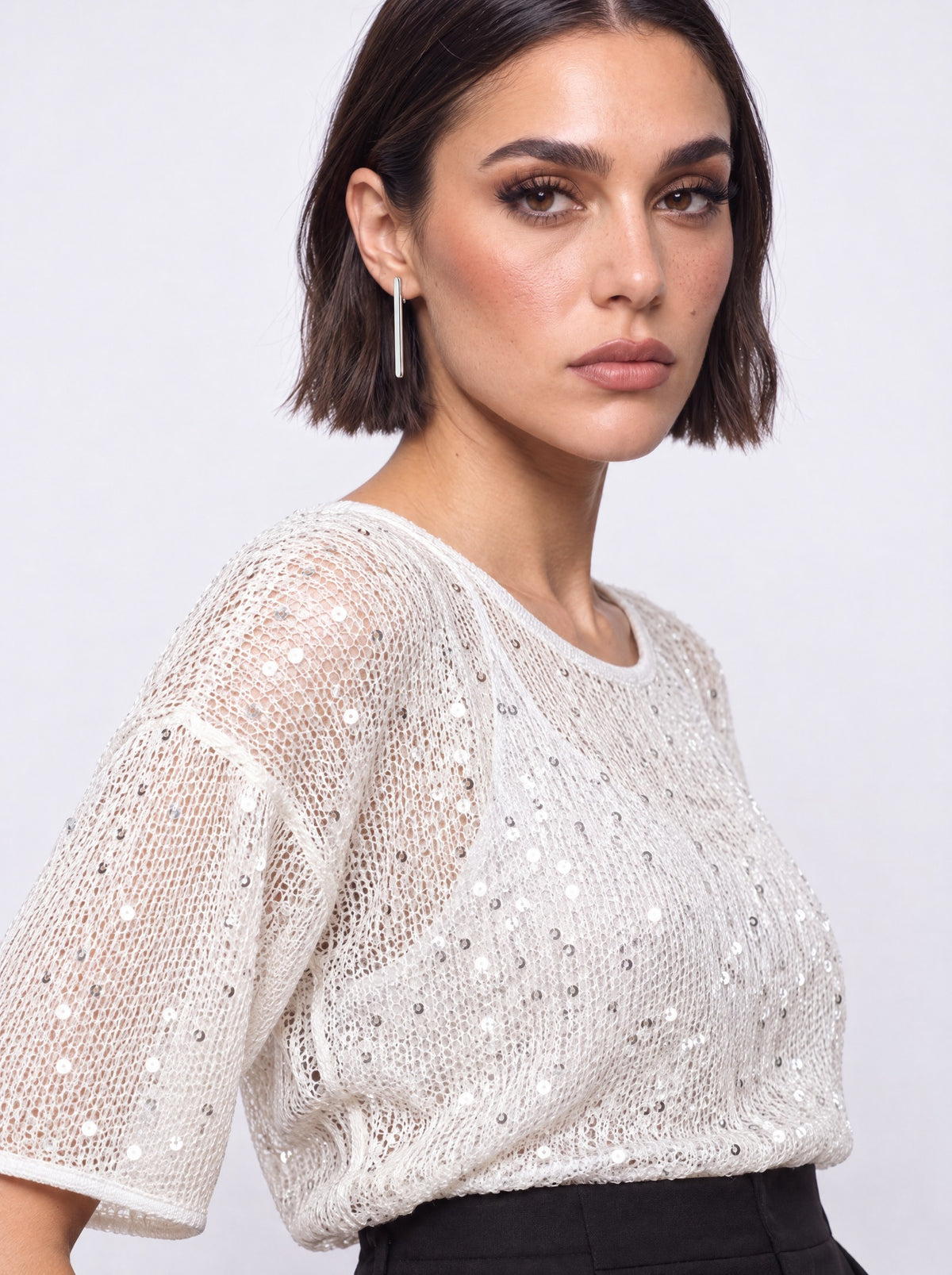 SEQUIN MESH SCOOP-NECK TOP