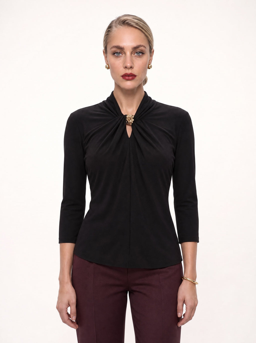TWIST-NECK DRAPED JERSEY BLOUSE