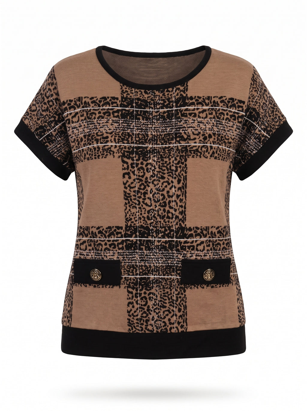 LEOPARD CHECK KNIT TOP WITH FLAP POCKETS