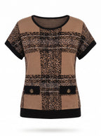 LEOPARD CHECK KNIT TOP WITH FLAP POCKETS