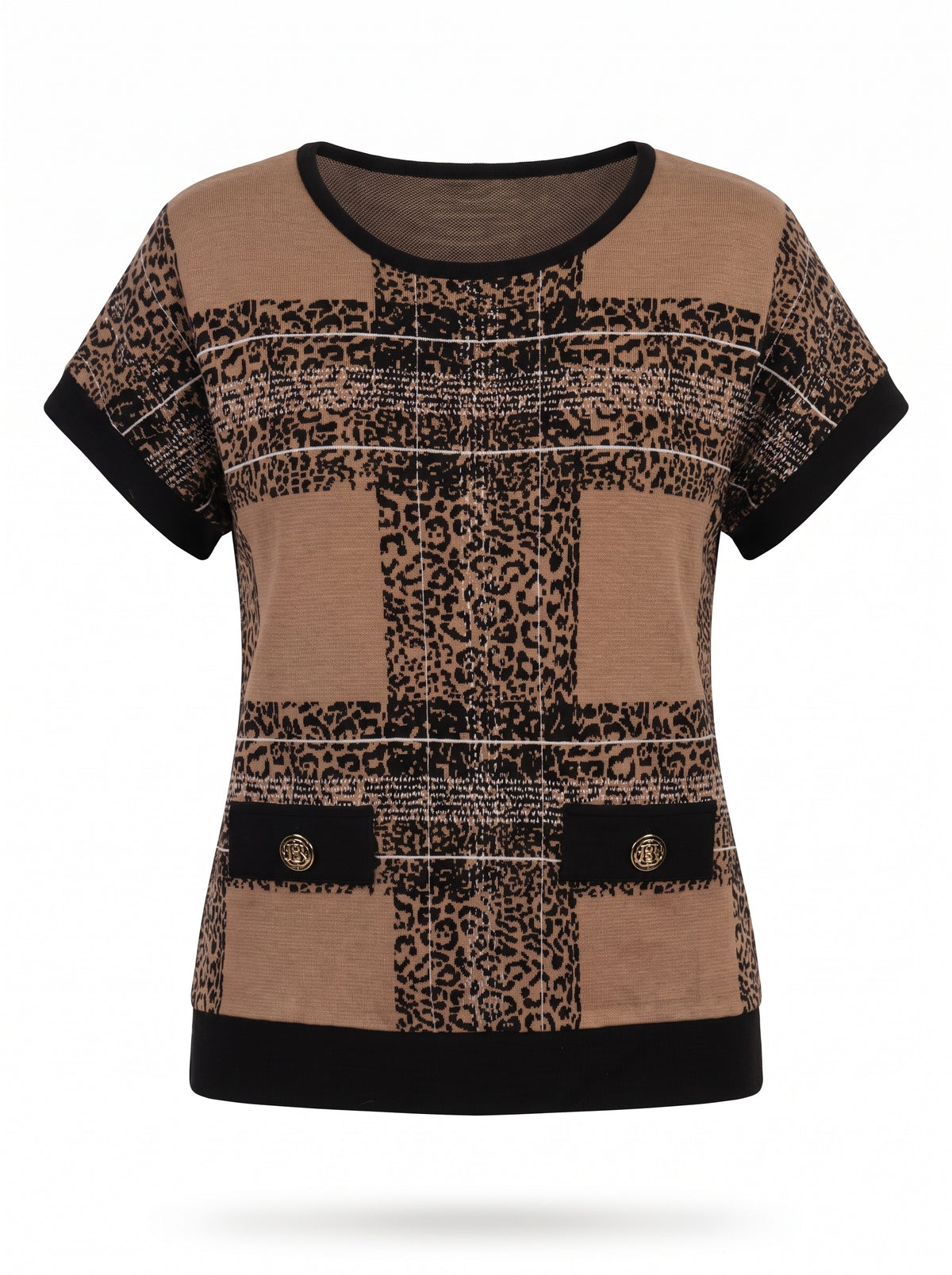 LEOPARD CHECK KNIT TOP WITH FLAP POCKETS