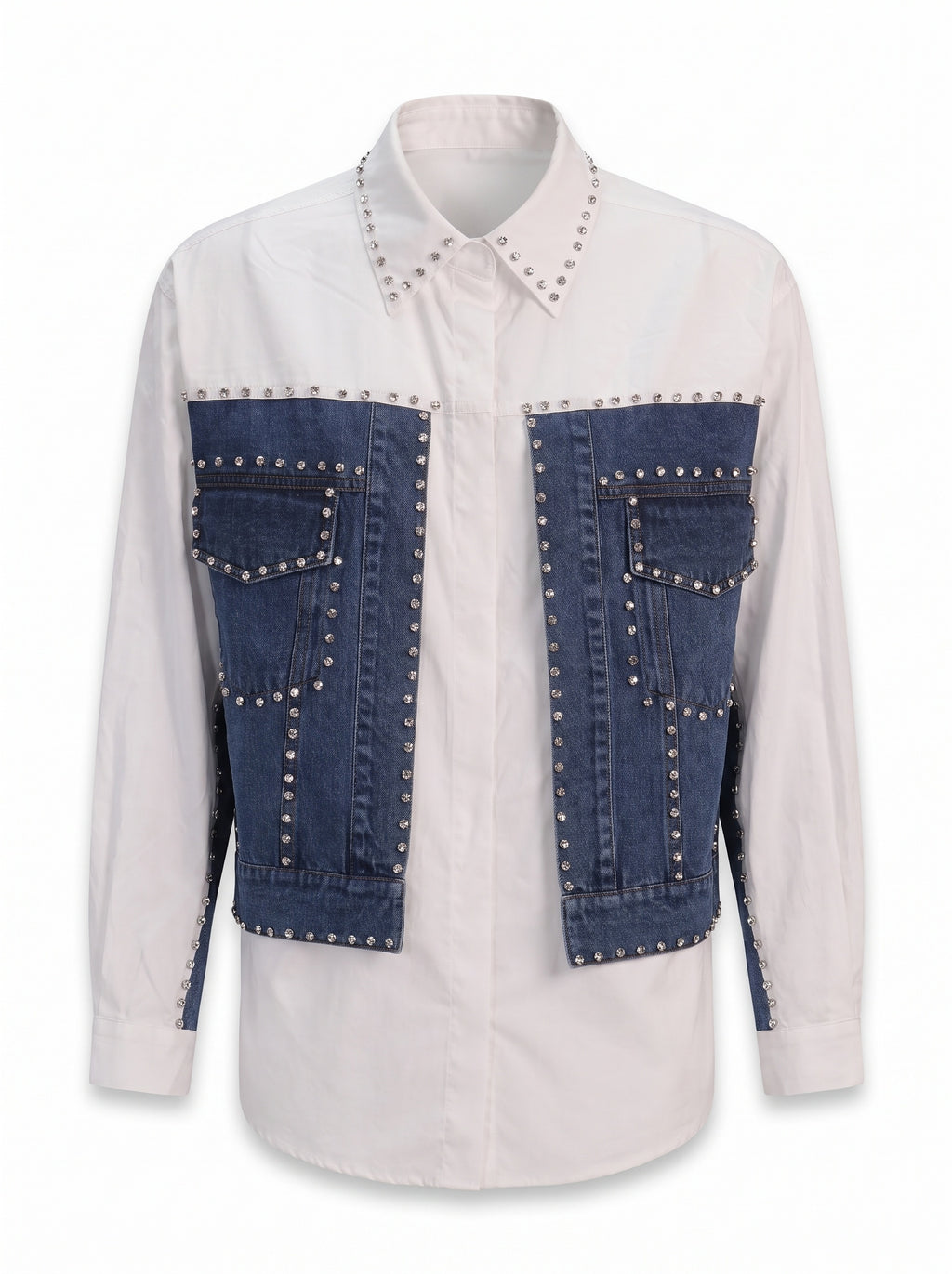 CRYSTAL-STUDDED DENIM PANEL SHIRT