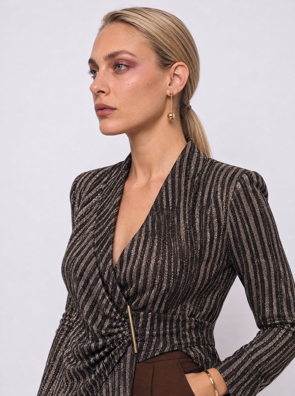STRIPED WRAP JACKET WITH METAL BAR CLOSURE