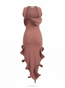 DRAPED SATIN COWL GOWN WITH SCULPTURAL RUFFLE TRAIN