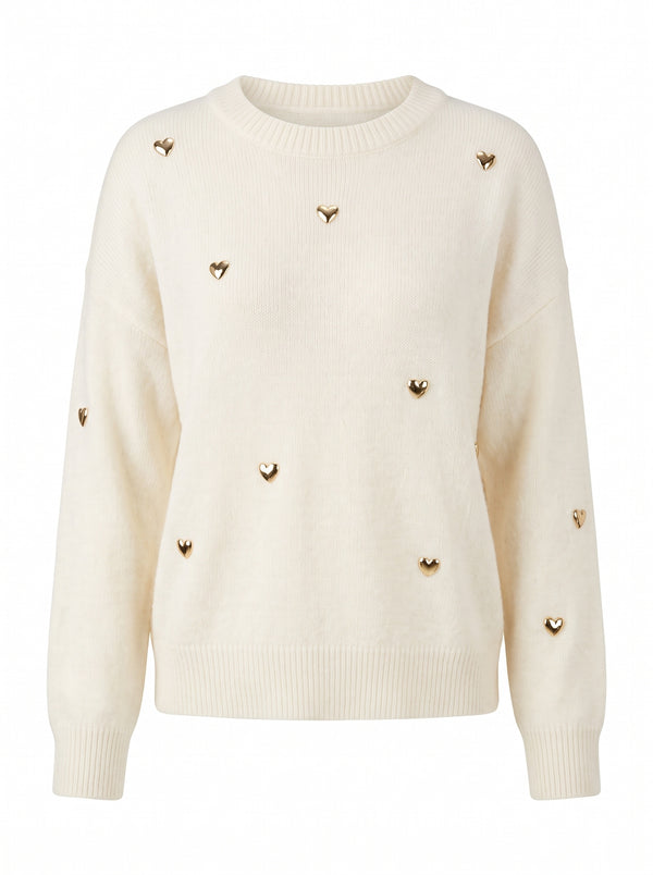 GOLD HEART STUD FUZZY KNIT SWEATER