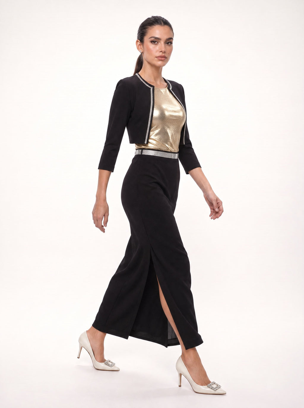 METALLIC FITTED SCOOP-NECK TOP