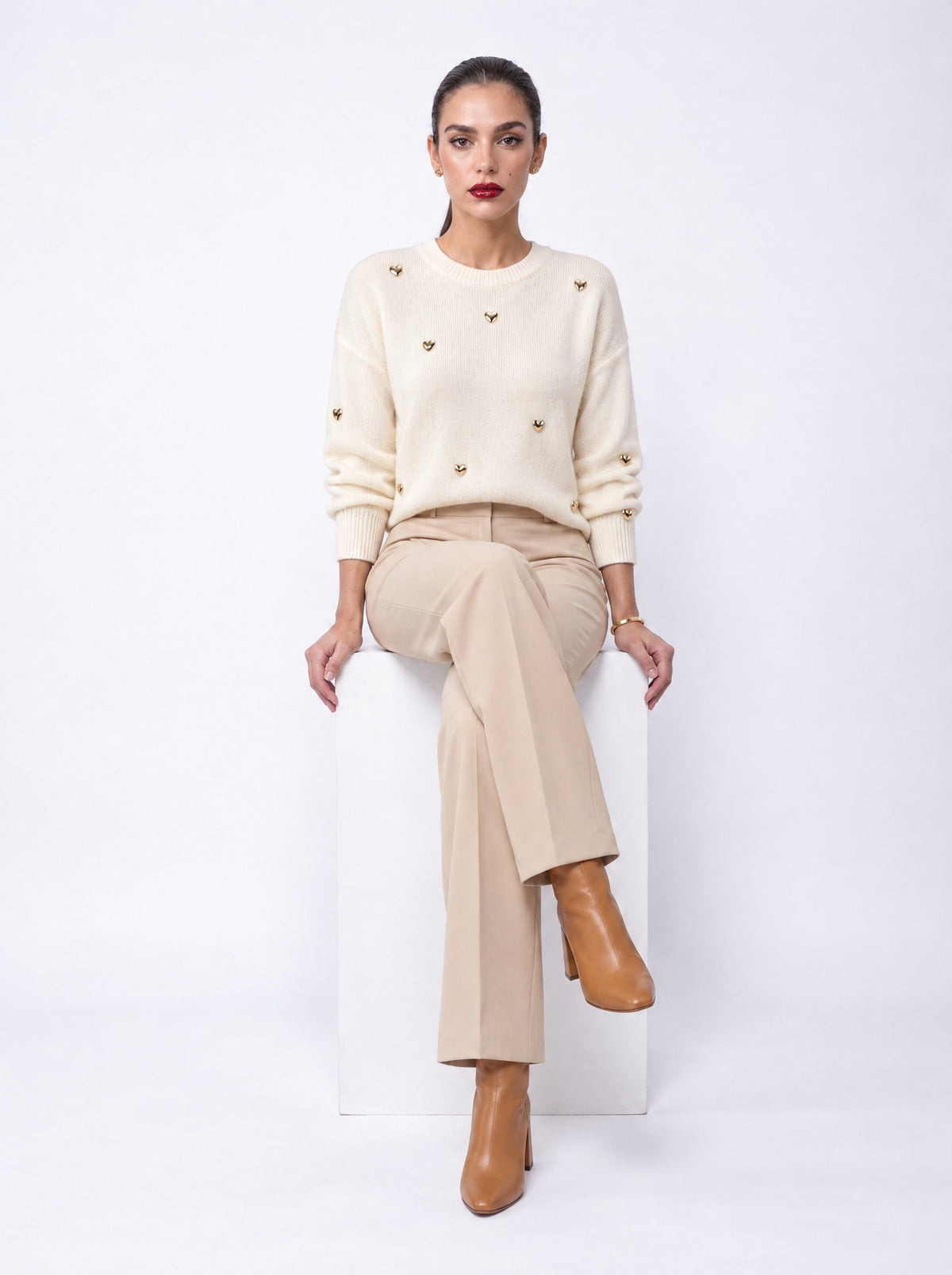 GOLD HEART STUD FUZZY KNIT SWEATER