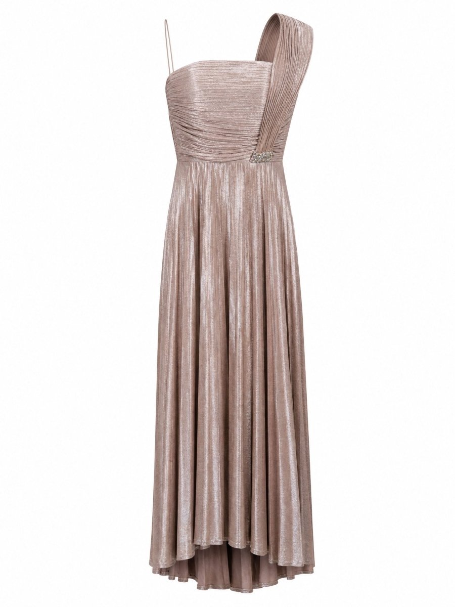 PLEATED METALLIC ONE-SHOULDER GOWN