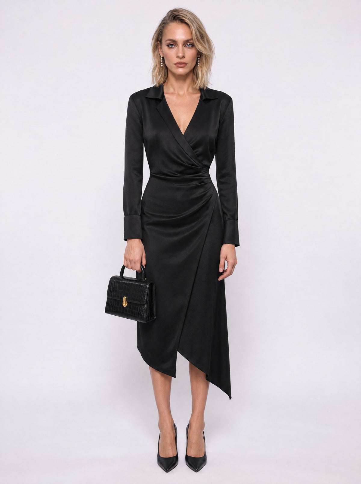 SATIN COLLARED WRAP DRESS