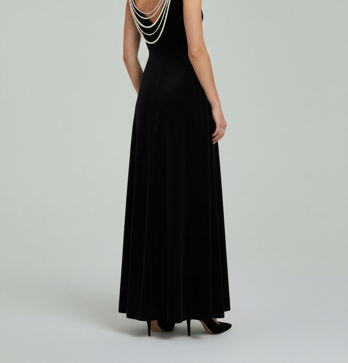 CRYSTAL-BUCKLE VELVET MAXI DRESS