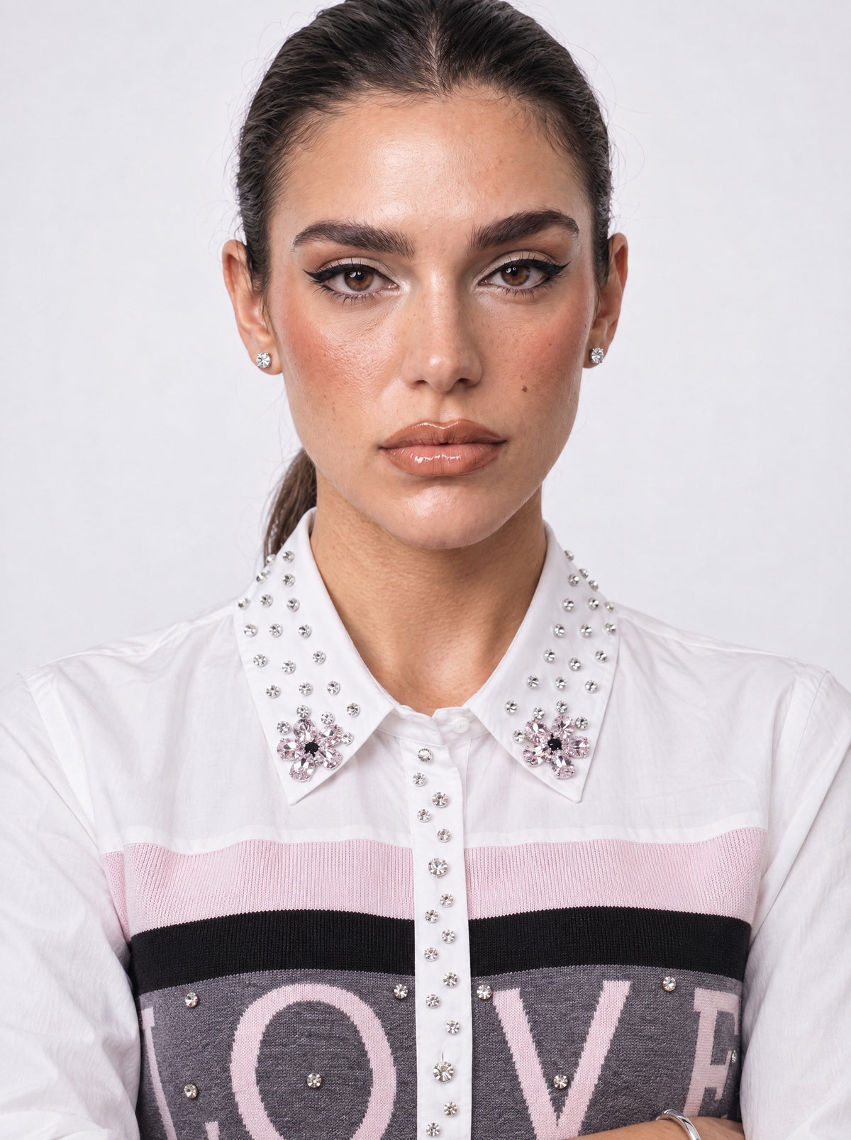 CRYSTAL LOVE PANEL POPLIN SHIRT