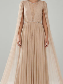 CRYSTAL-TRIM PLEATED CAPE SLEEVE GOWN