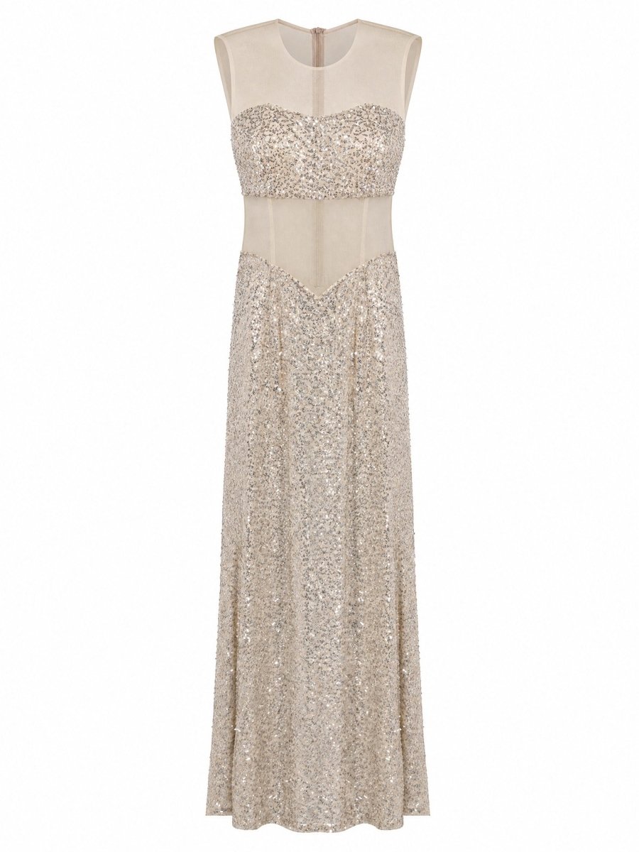 SHEER PANEL SEQUIN GOWN