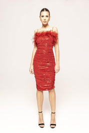 Feather-Trimmed Sequined Midi Dress