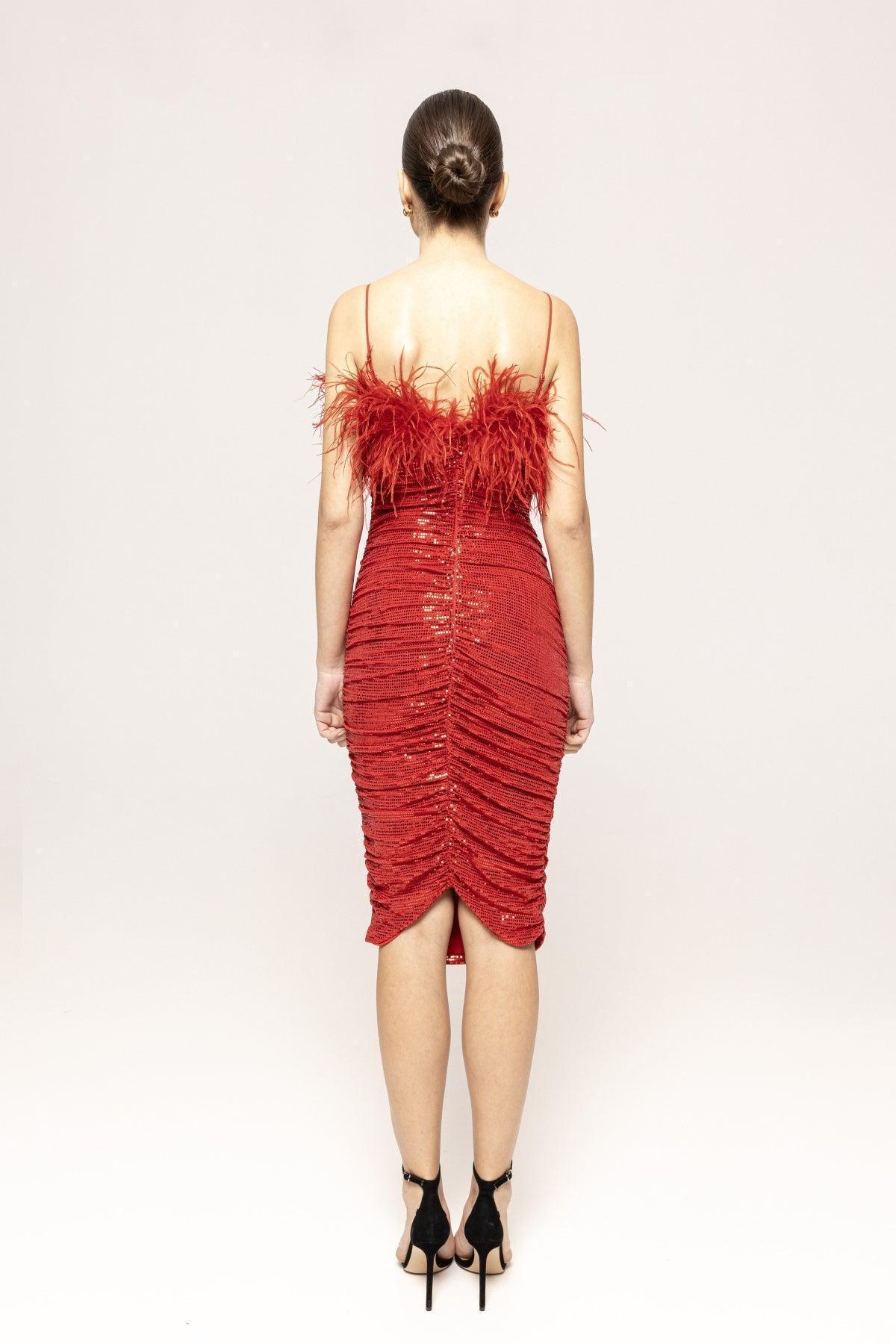Feather-Trimmed Sequined Midi Dress