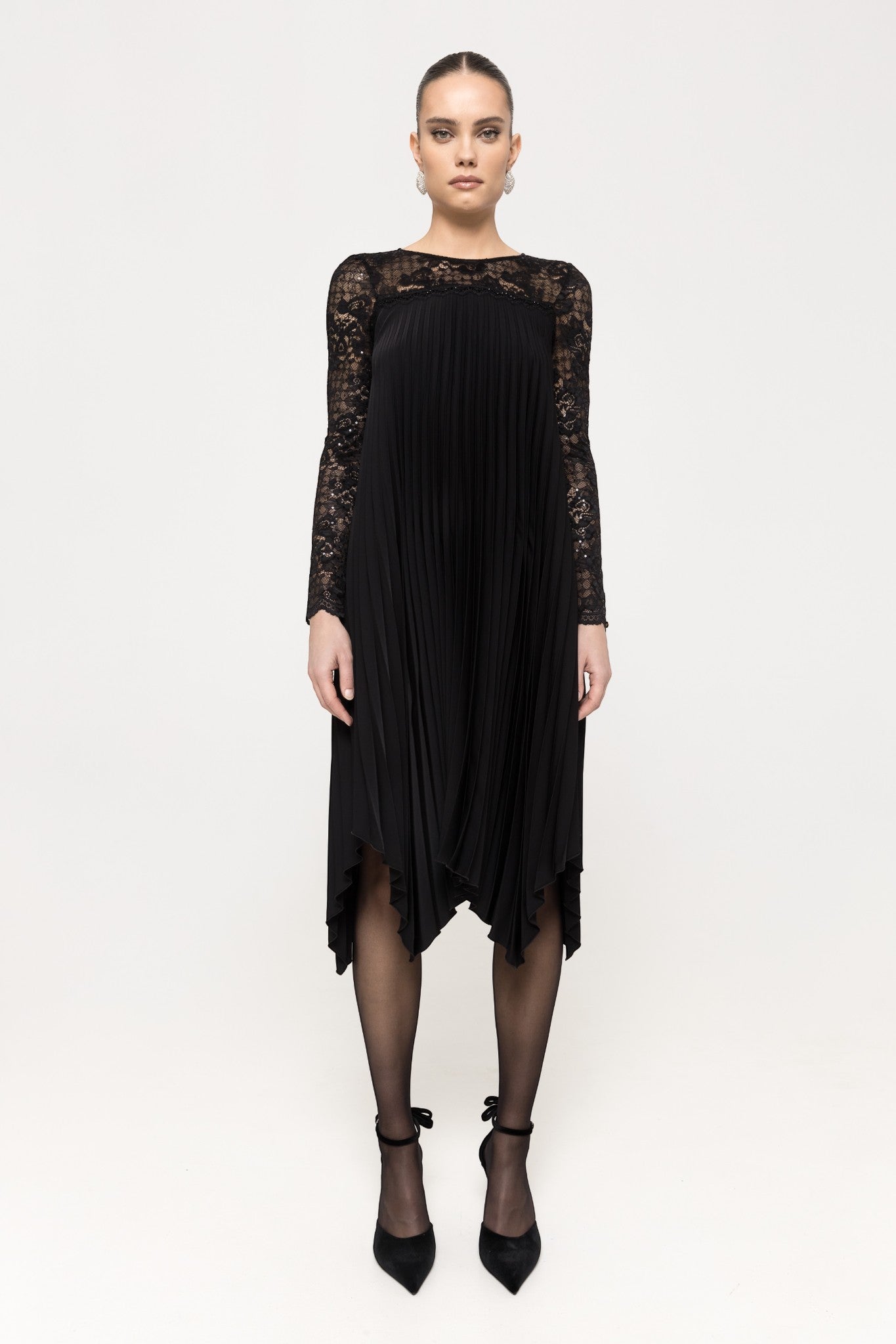 LACE PLEATED MIDI DRESS