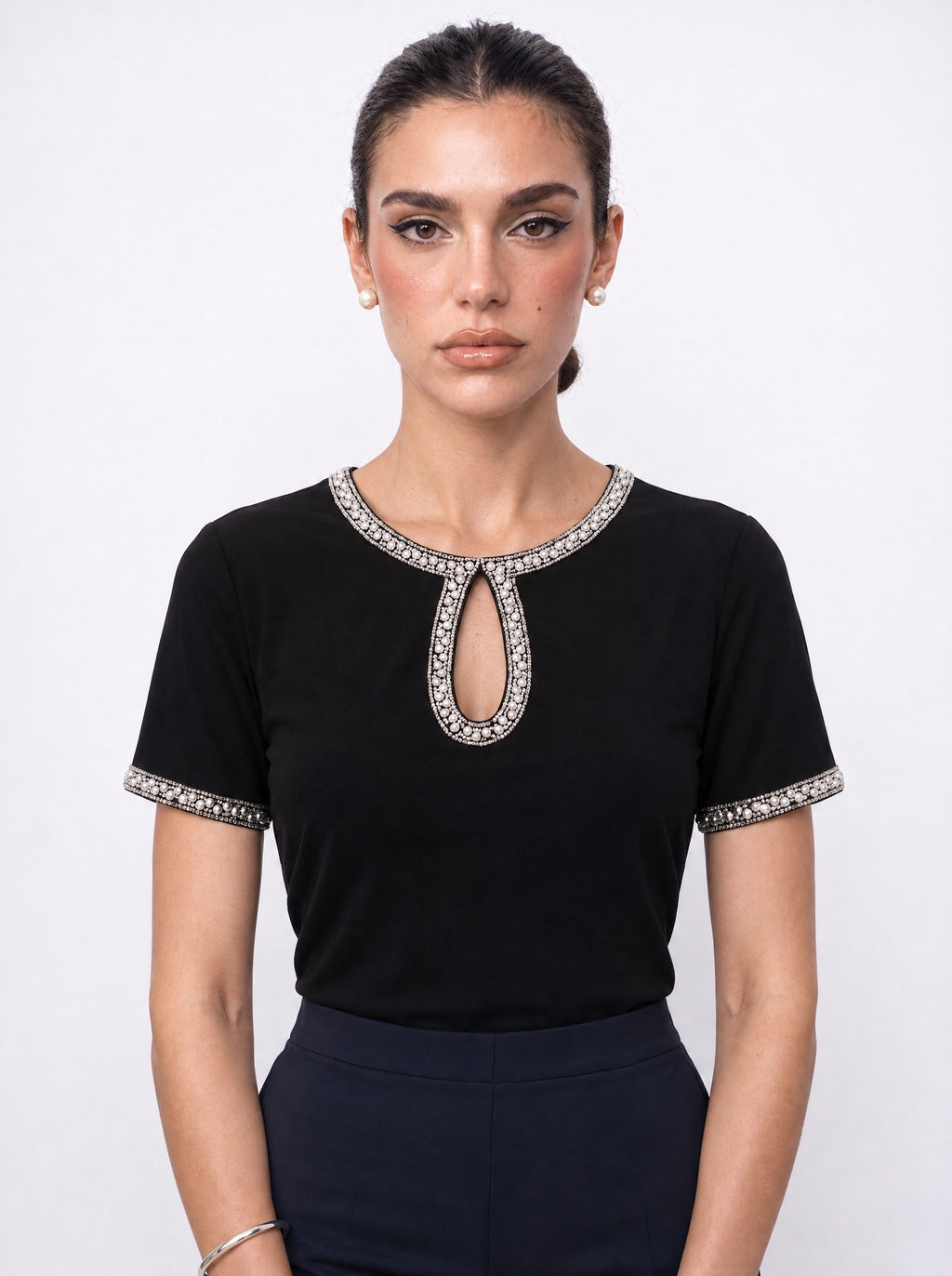 BEADED KEYHOLE NECKLINE JERSEY TOP