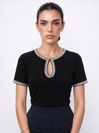 BEADED KEYHOLE NECKLINE JERSEY TOP