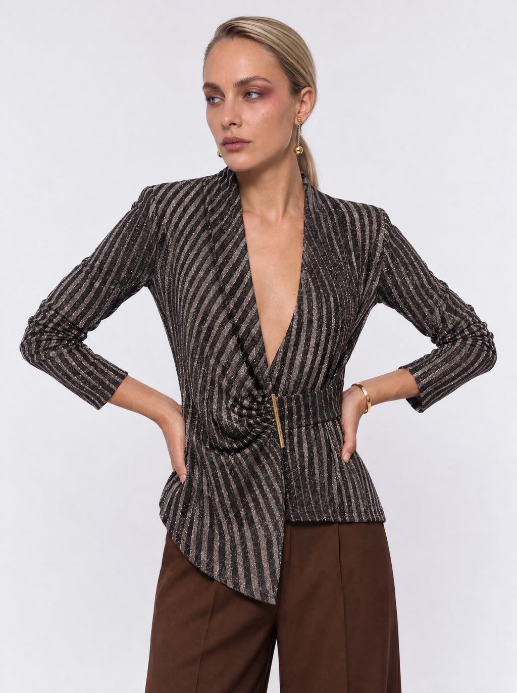 STRIPED WRAP JACKET WITH METAL BAR CLOSURE