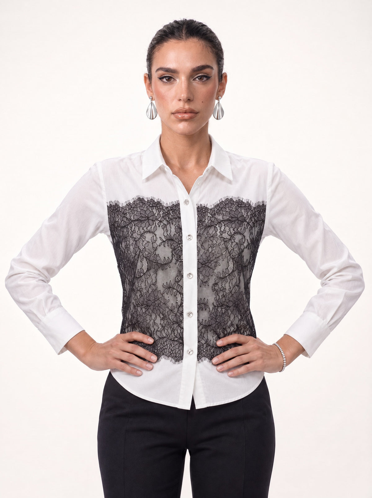 LACE PANEL CRYSTAL BUTTON SHIRT