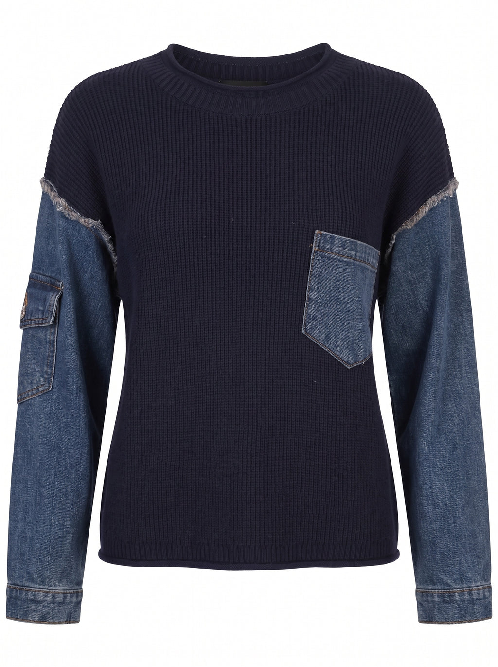 DENIM SLEEVE RIBBED KNIT SWEATER