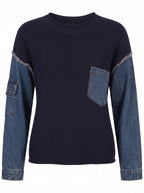 DENIM SLEEVE RIBBED KNIT SWEATER