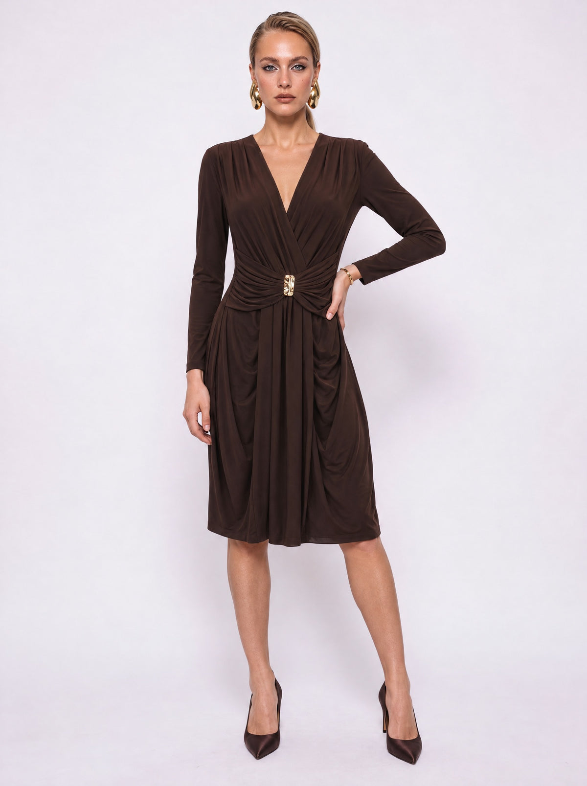 FAUX WRAP BUCKLE-WAIST MIDI DRESS