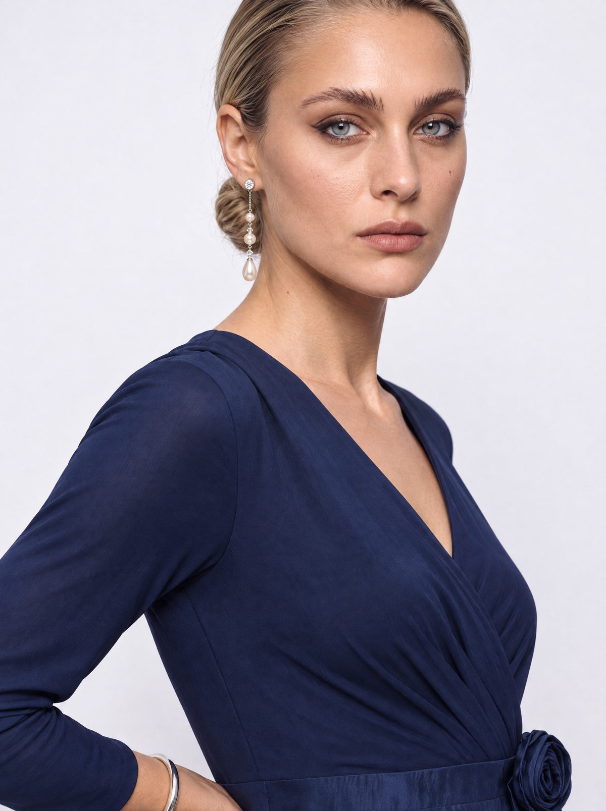 ROSETTE RUFFLE FAUX WRAP MIDI DRESS