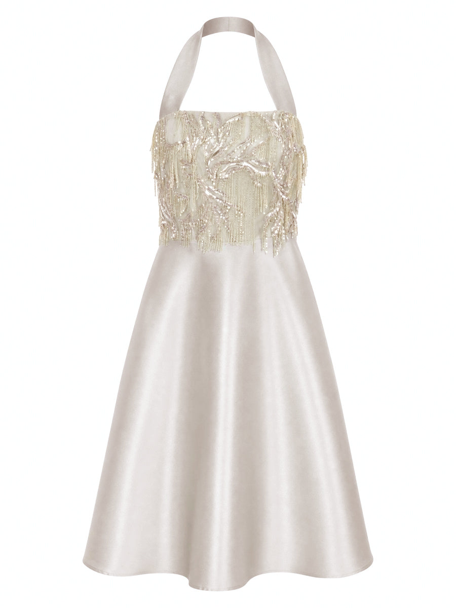 EMBELLISHED HALTER SATIN DRESS