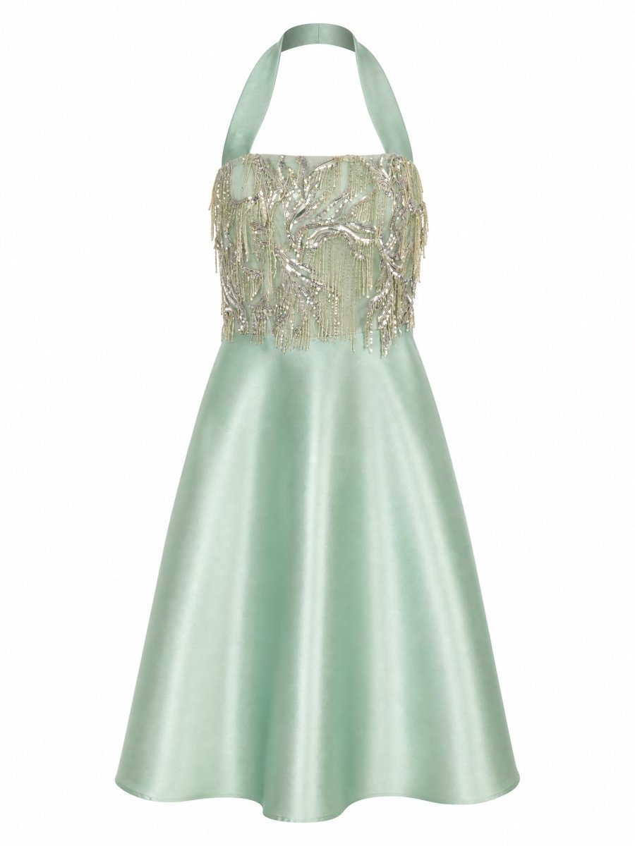 EMBELLISHED HALTER SATIN DRESS