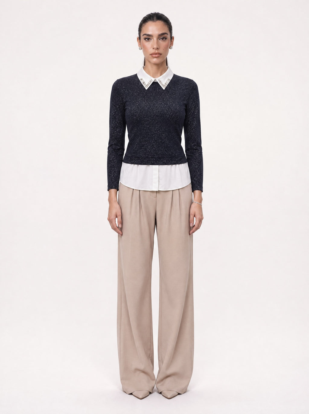 JEWELLED COLLAR SPARKLE KNIT SHIRT