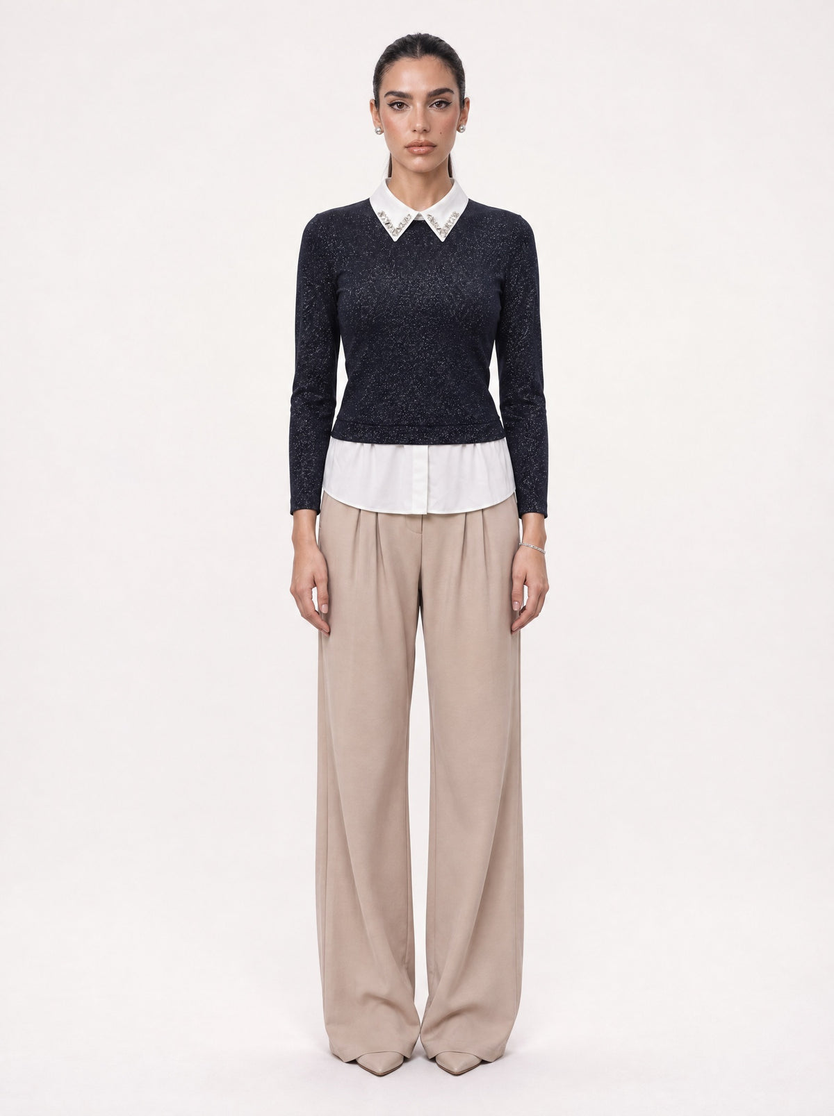 JEWELLED COLLAR SPARKLE KNIT SHIRT