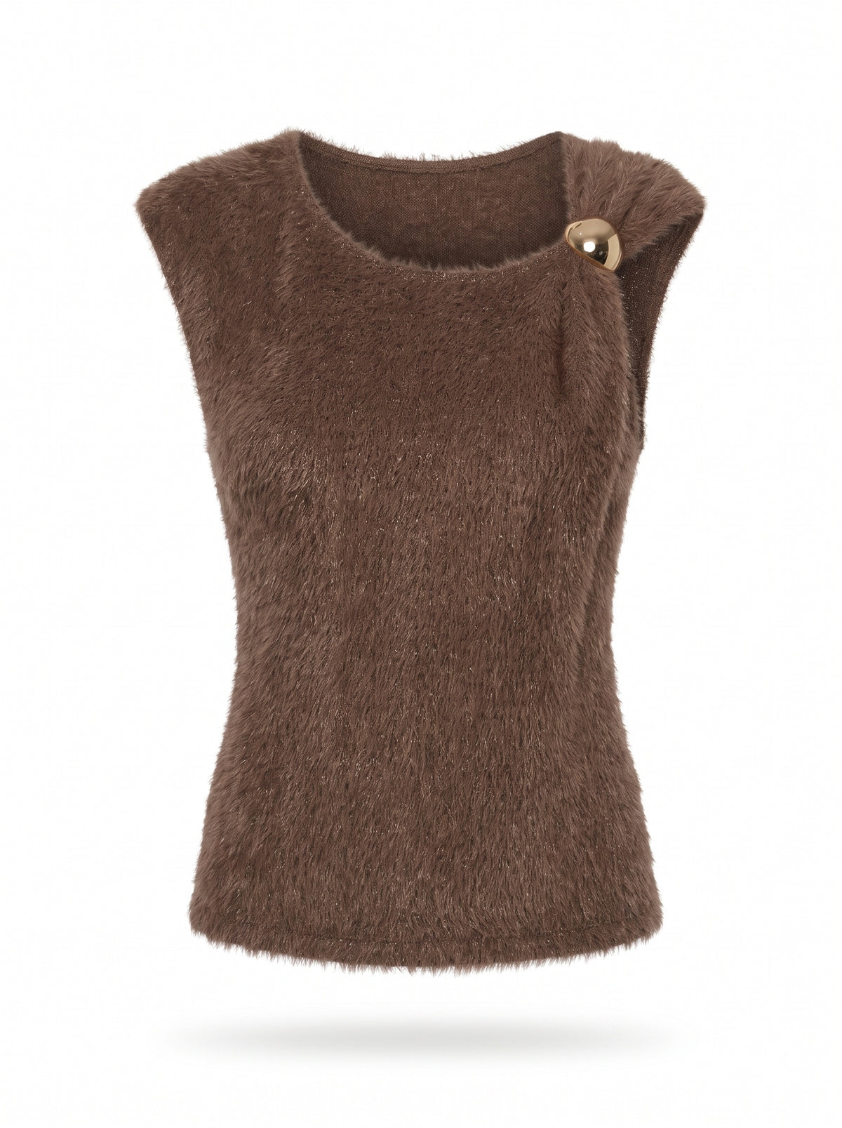 SLEEVELESS BRUSHED KNIT TOP WITH GOLD BROOCH