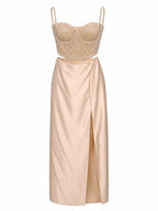 SEQUIN BUSTIER SATIN MAXI SKIRT SET