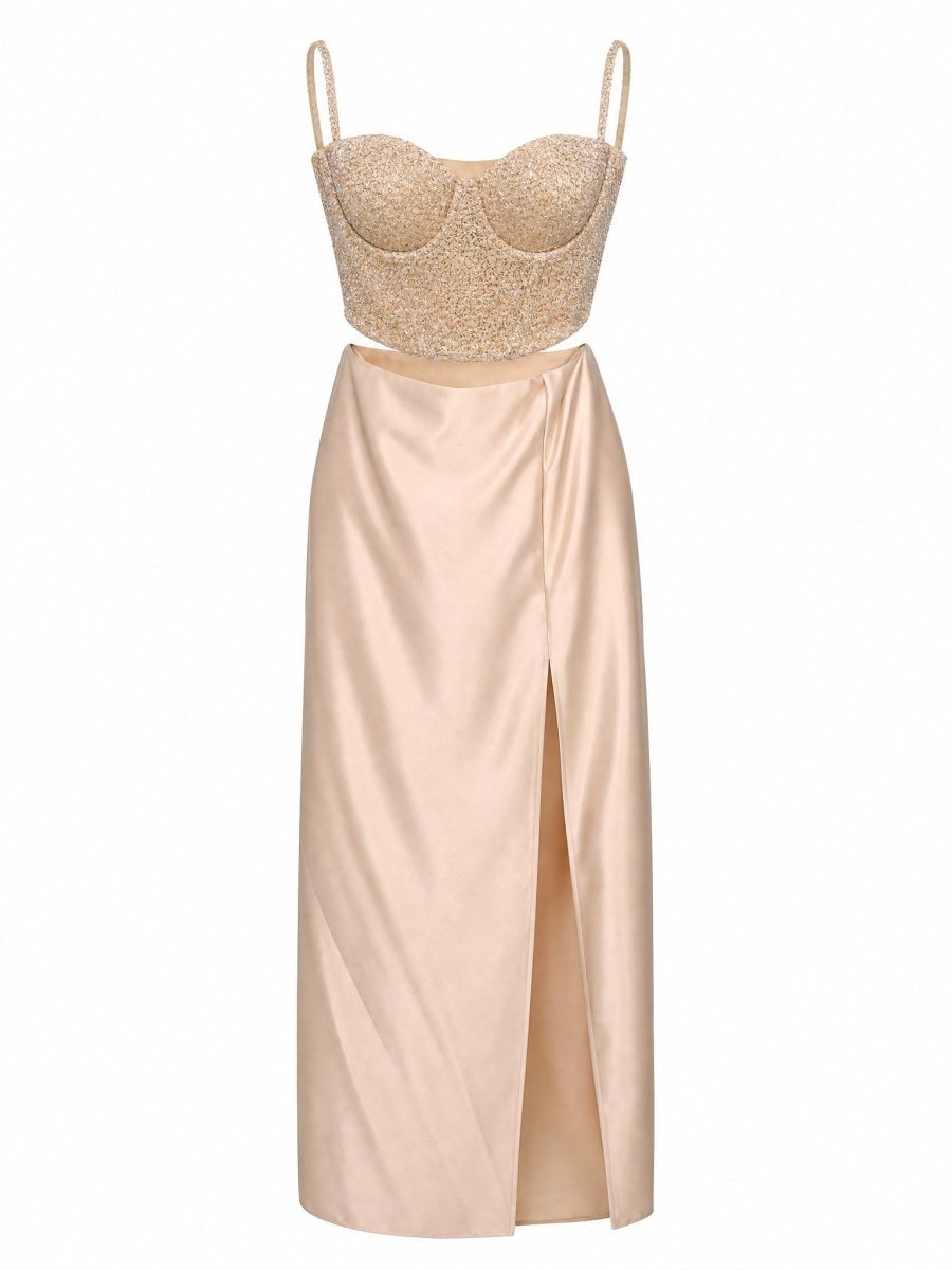 SEQUIN BUSTIER SATIN MAXI SKIRT SET