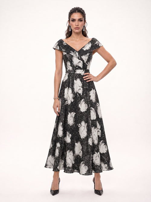 FOLDED OFF-SHOULDER FLORAL MIDI DRESS