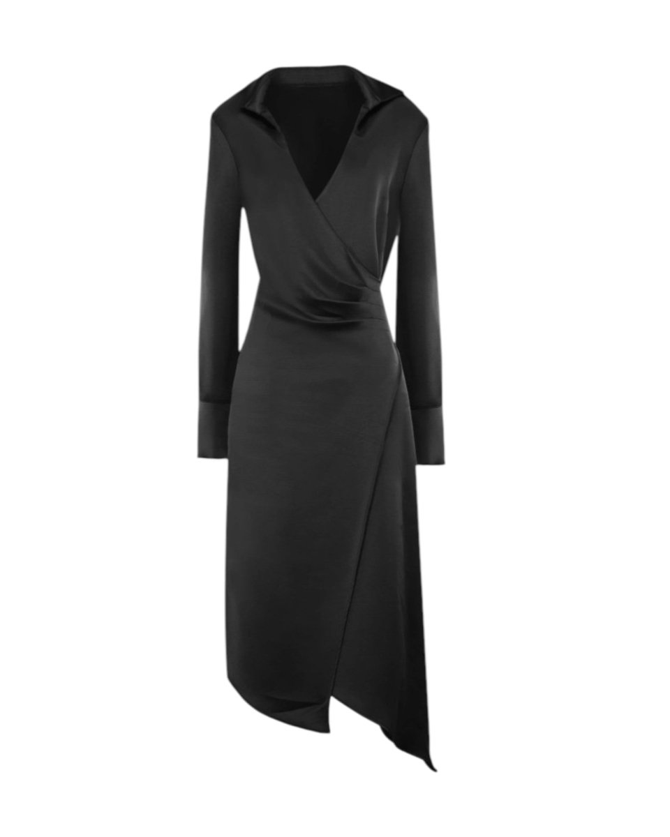 SATIN COLLARED WRAP DRESS
