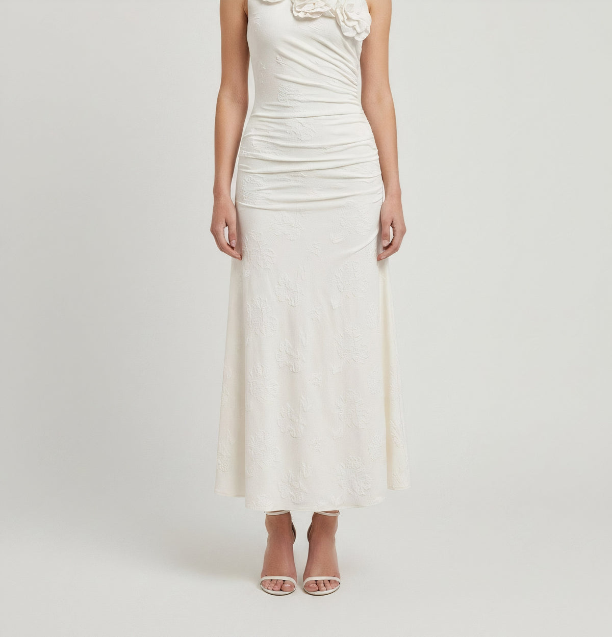 RUCHED MIDI DRESS WITH FLORAL APPLIQUÉ