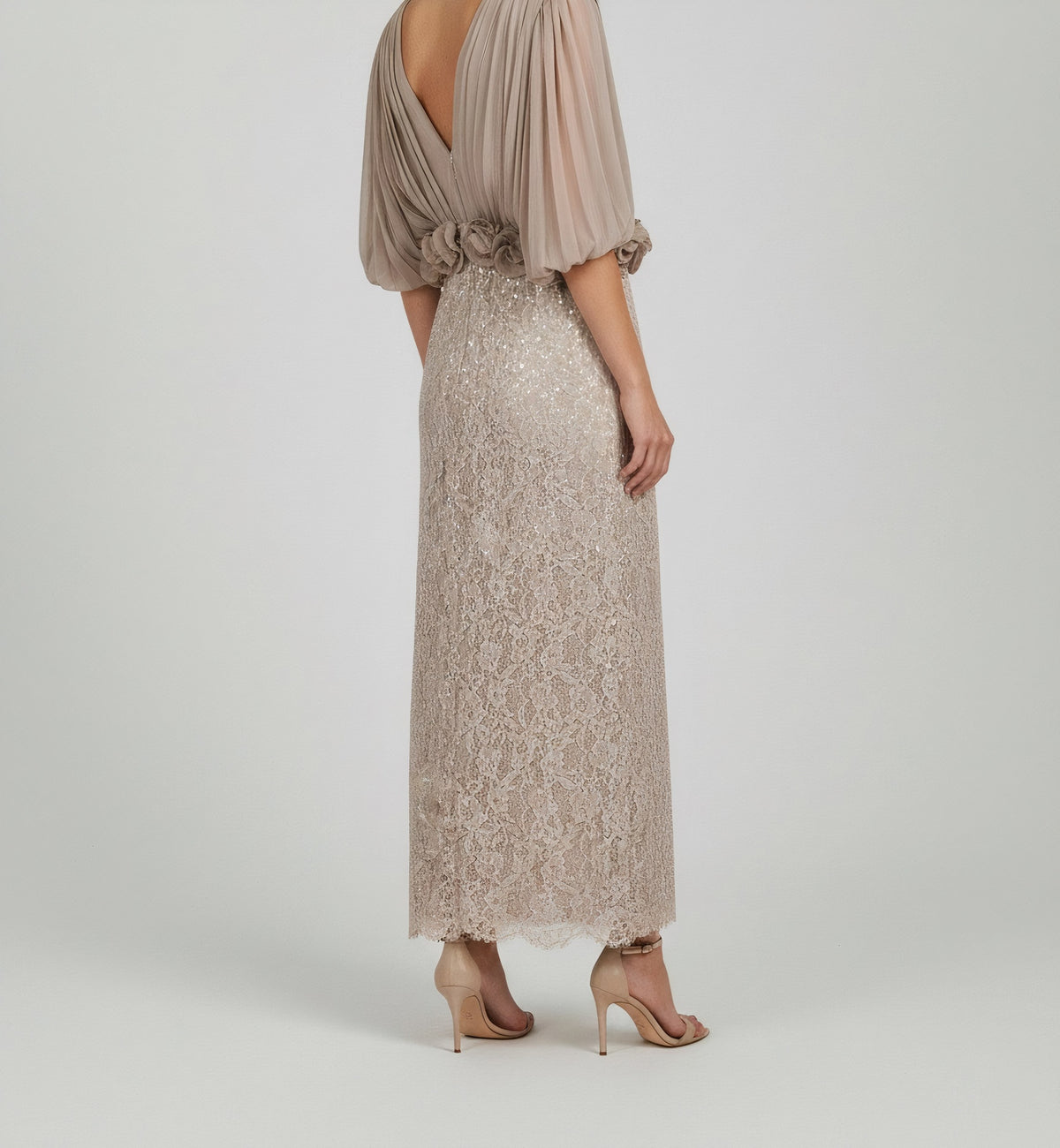 PLEATED BLOUSON LACE MIDI DRESS