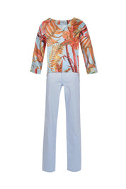 Tropical Print Blouse and Denim Pants Set