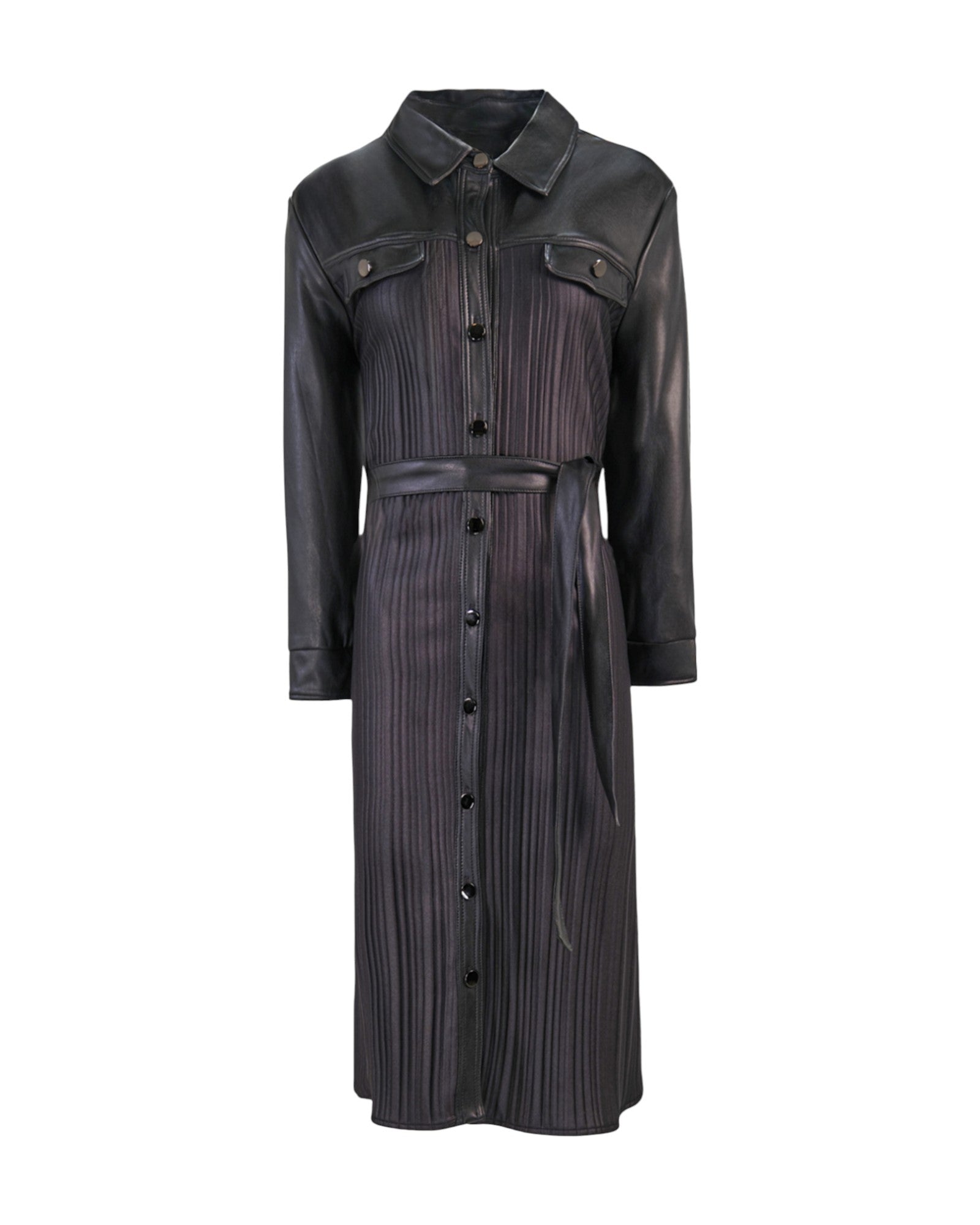 PLEATED FAUX LEATHER SHIRT DRESS