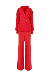 Double-breasted Puffed Sleeve Blazer and Wide Leg Split Hem Pants Set