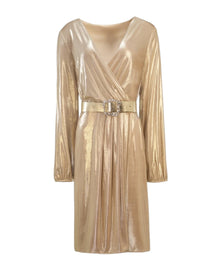 METALLIC DRAPED BELTED DRESS
